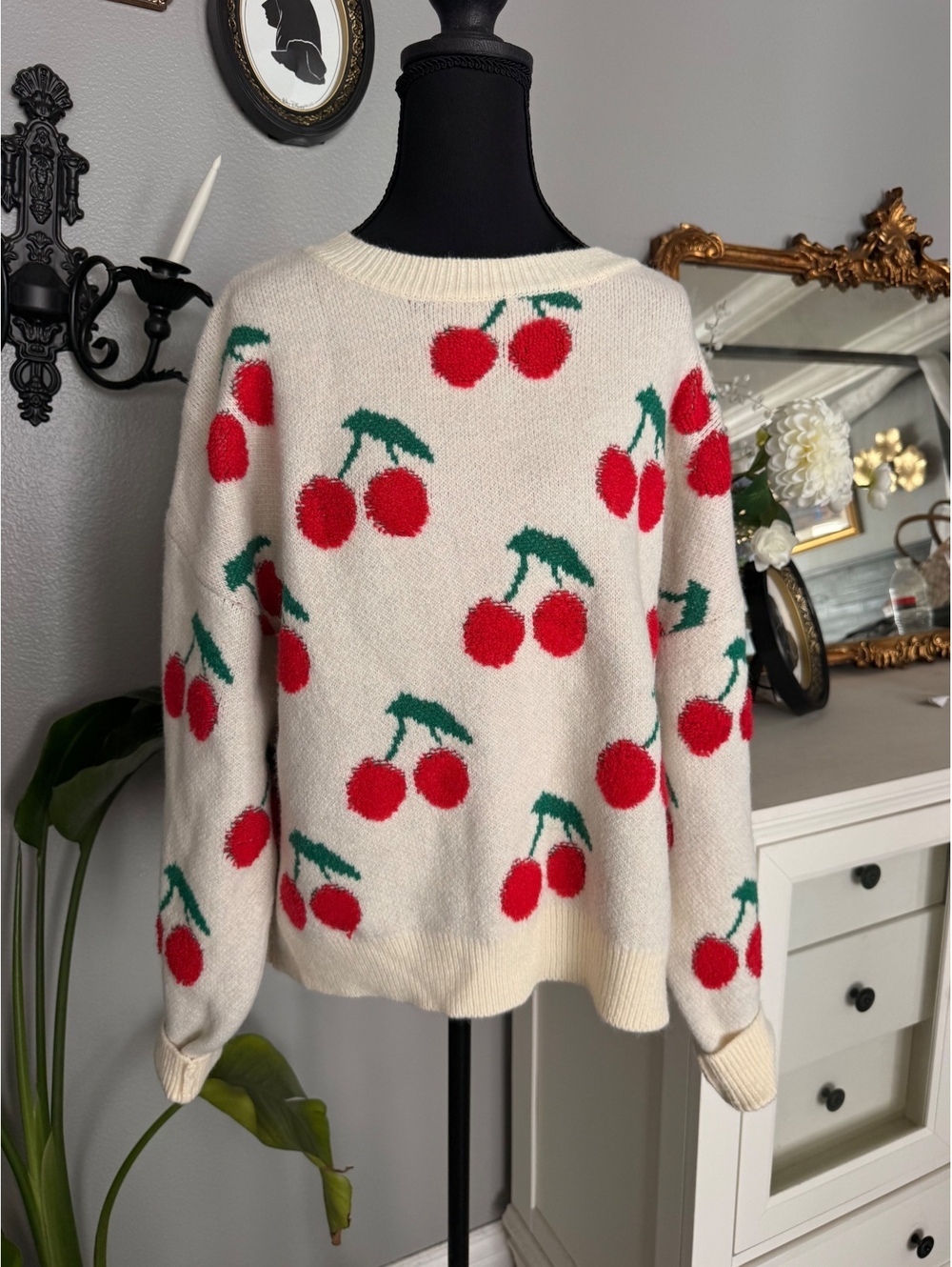 Whimsical cherry print crewneck sweater -NWOT